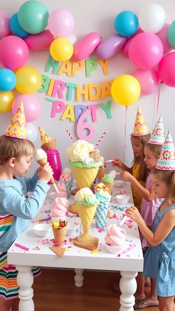 Children enjoying an ice cream party with a colorful setup and various toppings.